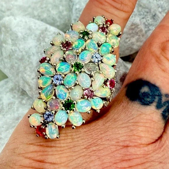 Premium Ethiopian Welo Opal & MultiGemstone 5.75 ctw Statement Ring Platinum/925 - Picture 13 of 17